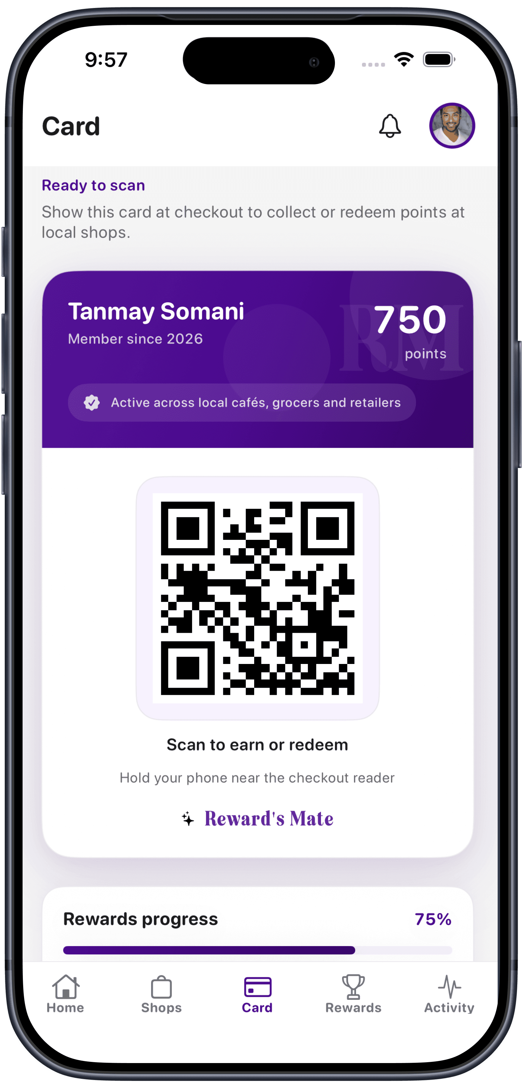 RewardsMate digital membership card with QR code ready to scan at Shopper's Mate checkout